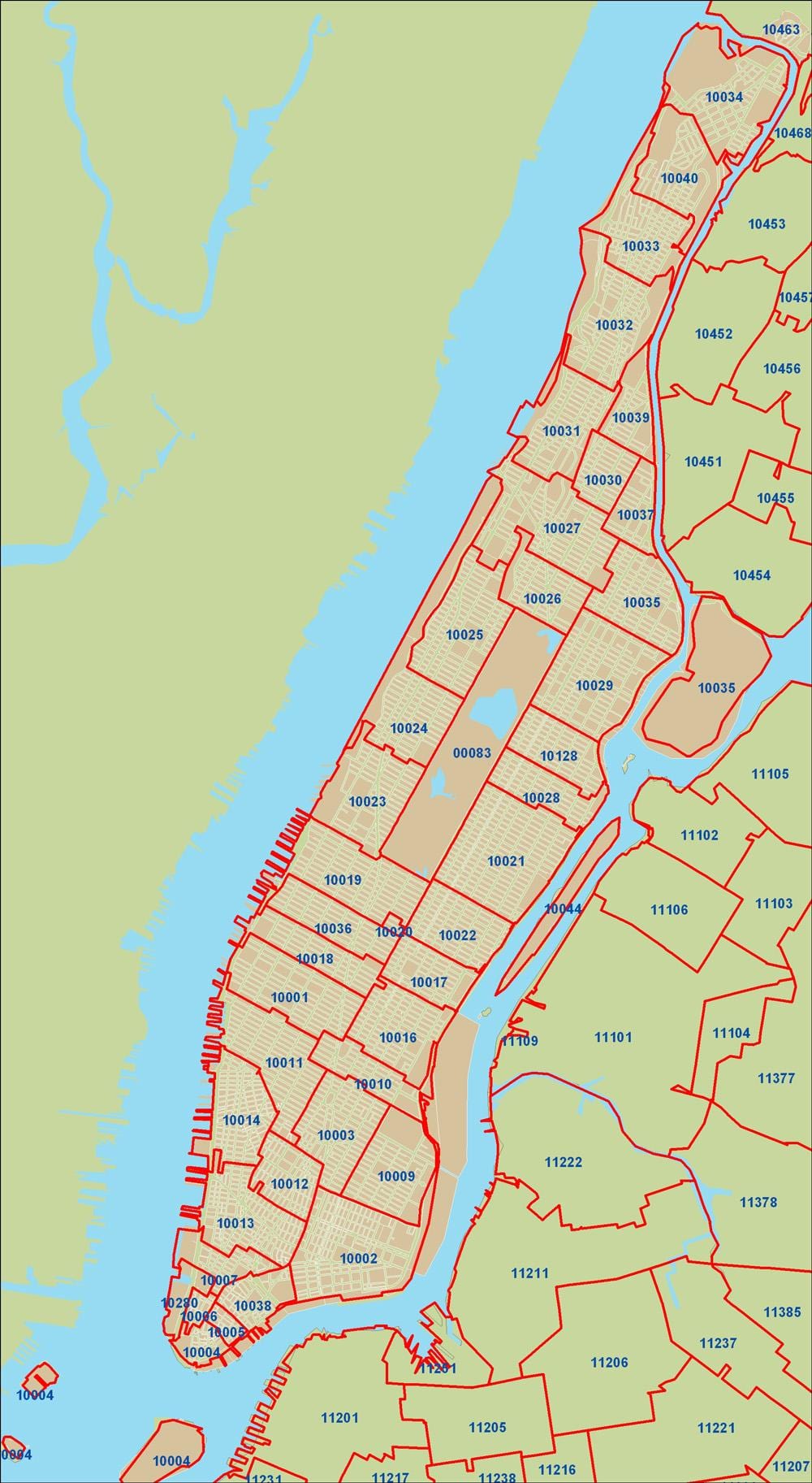 NYC ਜ਼ਿਪ ਕੋਡ ਦਾ ਨਕਸ਼ਾ Manhattan